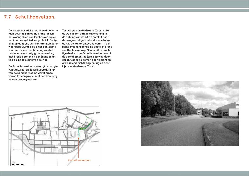 begeleiding van de weg. De Schuilhoevelaan vervangt te hoogte van de kantoren Schuilhoeve dat stuk van de Schipholweg en wordt omgevormd tot een profiel met een bomenrij en een brede grasberm.