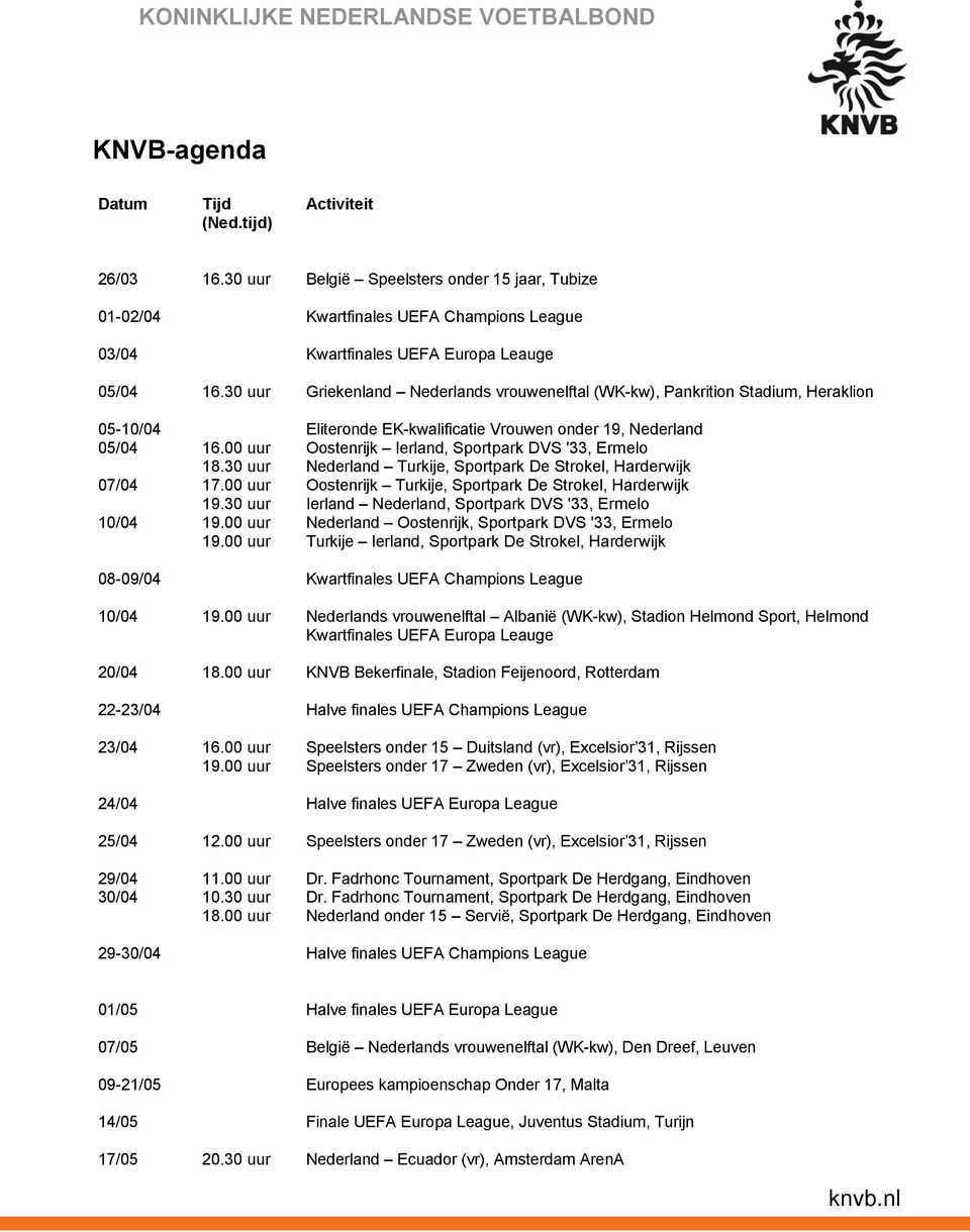 30 uur Griekenland Nederlands vrouwenelftal (WK-kw), Pankrition Stadium, Heraklion 05-10/04 Eliteronde EK-kwalificatie Vrouwen onder 19, Nederland 05/04 16.