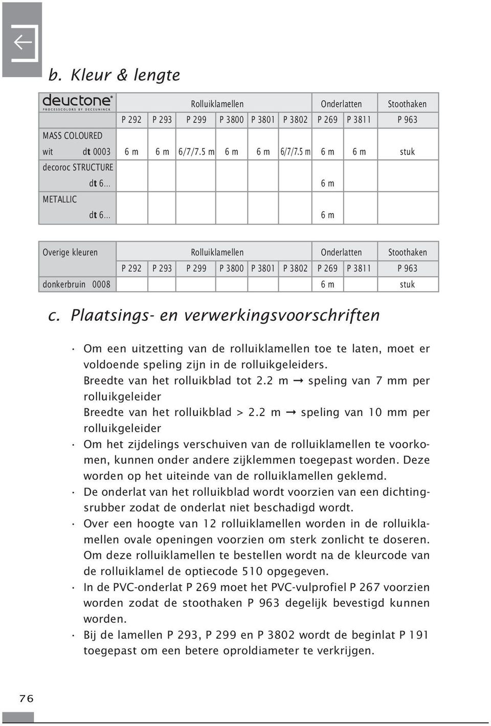 stuk c. Plaatsings- en verwerkingsvoorschriften Om een uitzetting van de rolluiklamellen toe te laten, moet er voldoende speling zijn in de rolluikgeleiders. Breedte van het rolluikblad tot 2.