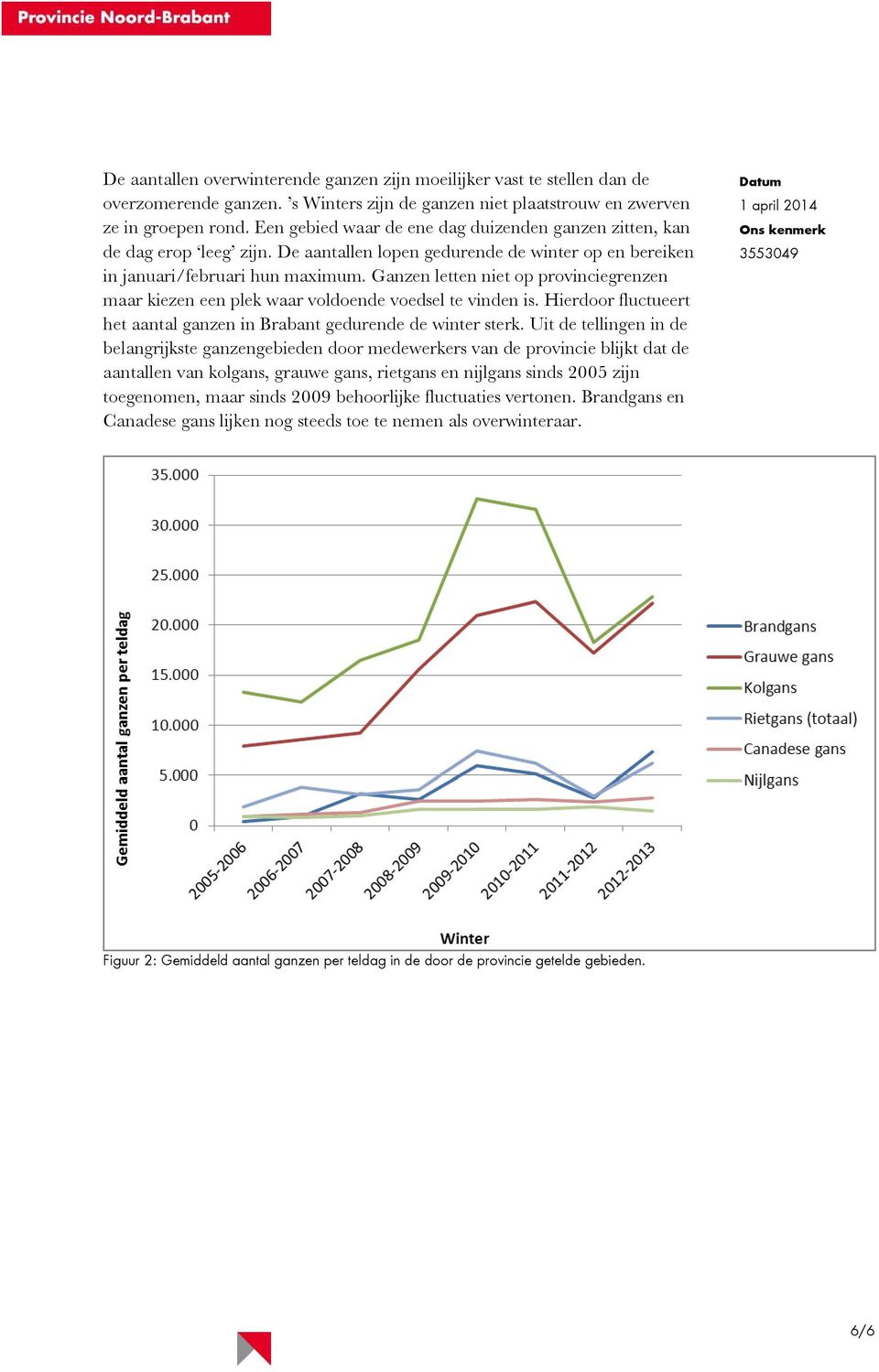 Ganzen letten niet op provinciegrenzen maar kiezen een plek waar voldoende voedsel te vinden is. Hierdoor fluctueert het aantal ganzen in Brabant gedurende de winter sterk.