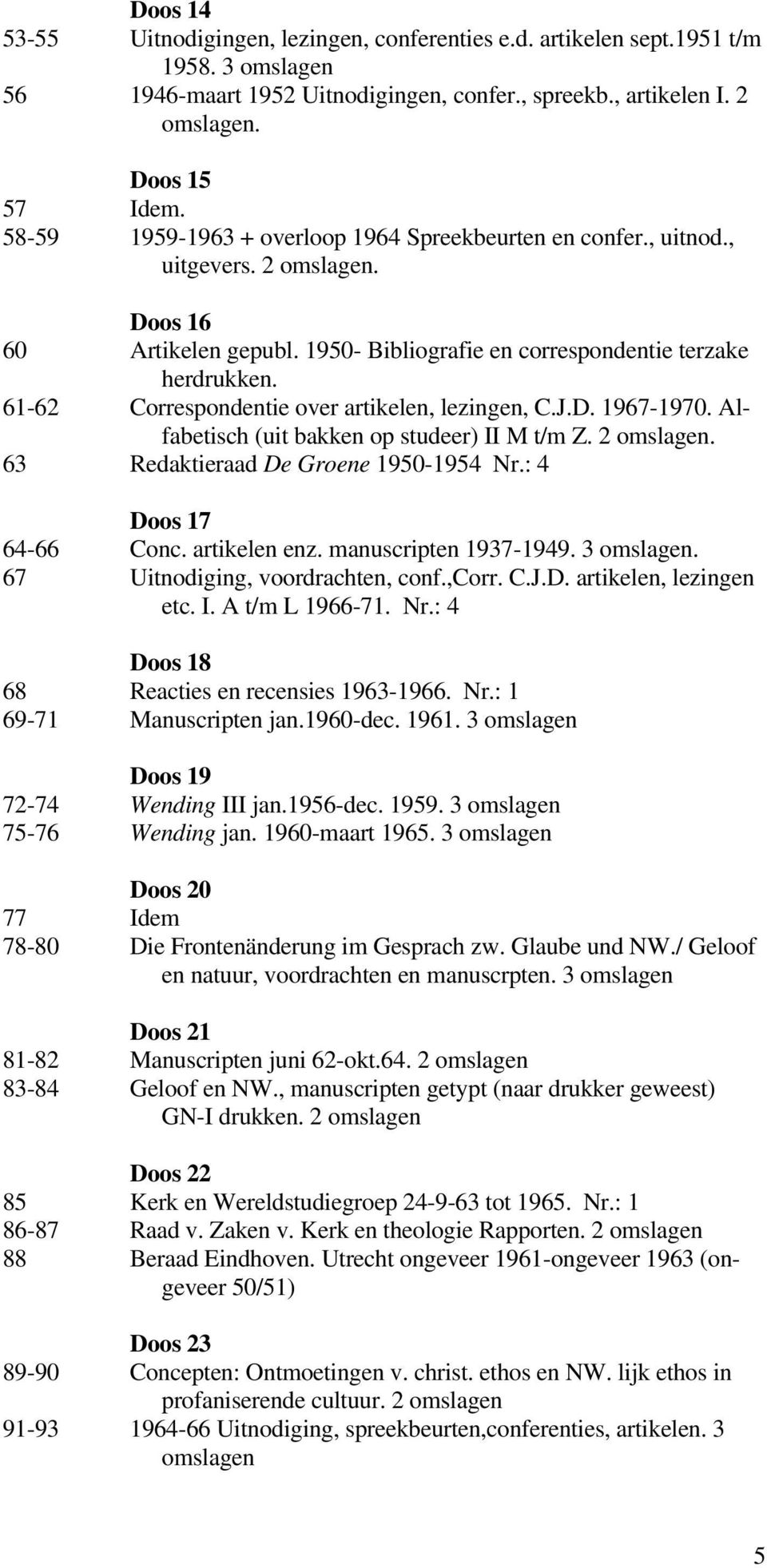 61-62 Correspondentie over artikelen, lezingen, C.J.D. 1967-1970. Alfabetisch (uit bakken op studeer) II M t/m Z. 2 omslagen. 63 Redaktieraad De Groene 1950-1954 Nr.: 4 Doos 17 64-66 Conc.