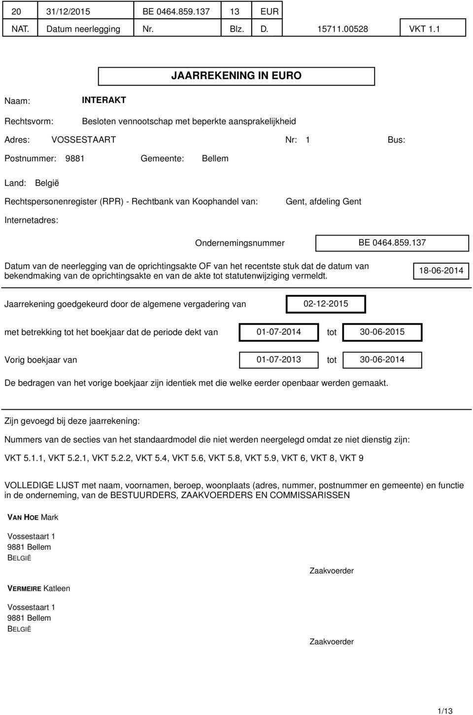 Rechtspersonenregister (RPR) - Rechtbank van Koophandel van: Gent, afdeling Gent Internetadres: Ondernemingsnummer BE 0464.859.
