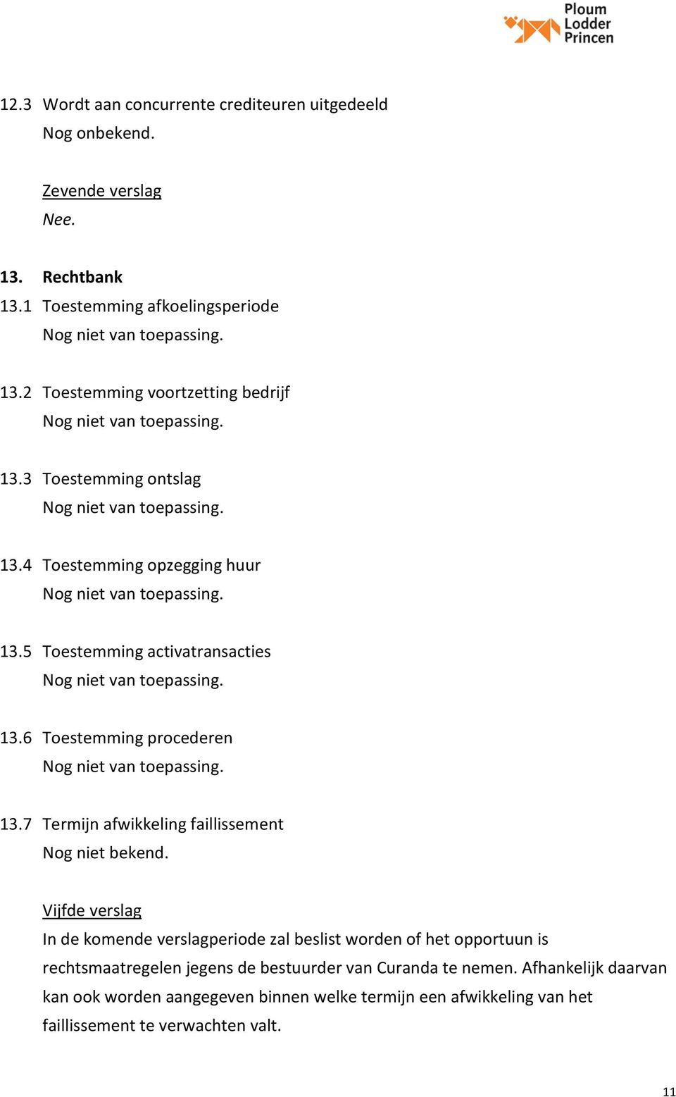 13.7 Termijn afwikkeling faillissement Nog niet bekend.