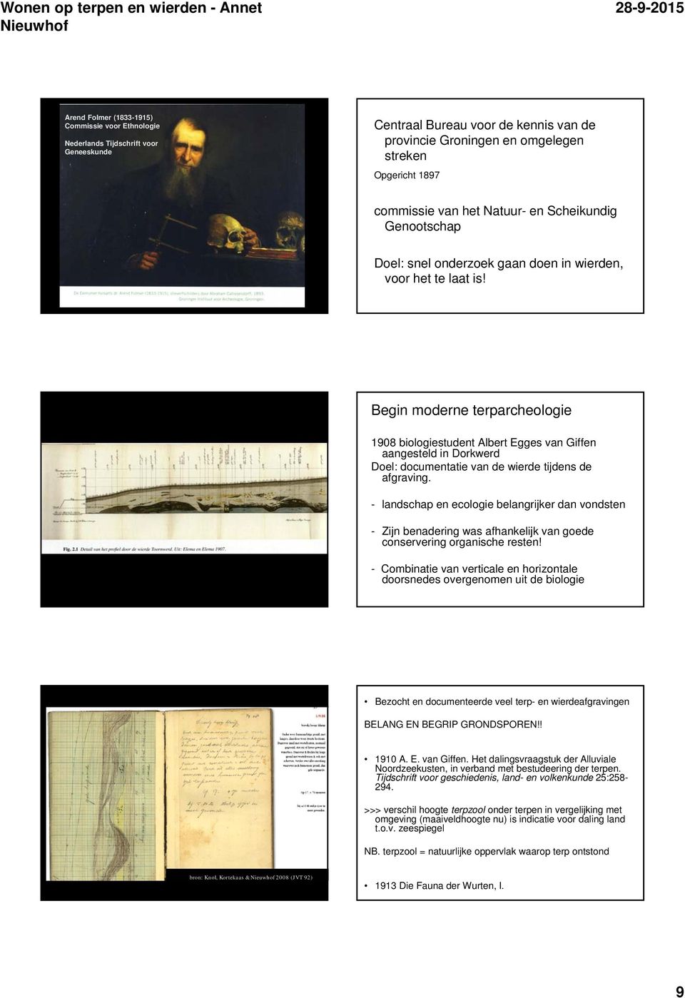 Begin moderne terparcheologie 1908 biologiestudent Albert Egges van Giffen aangesteld in Dorkwerd Doel: documentatie van de wierde tijdens de afgraving.