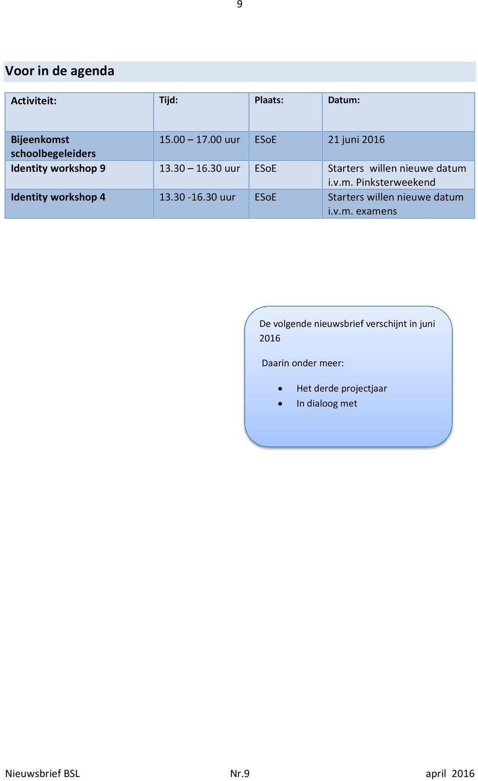 30 uur ESoE Starters willen nieuwe datum i.v.m. Pinksterweekend Identity workshop 4 13.30 16.