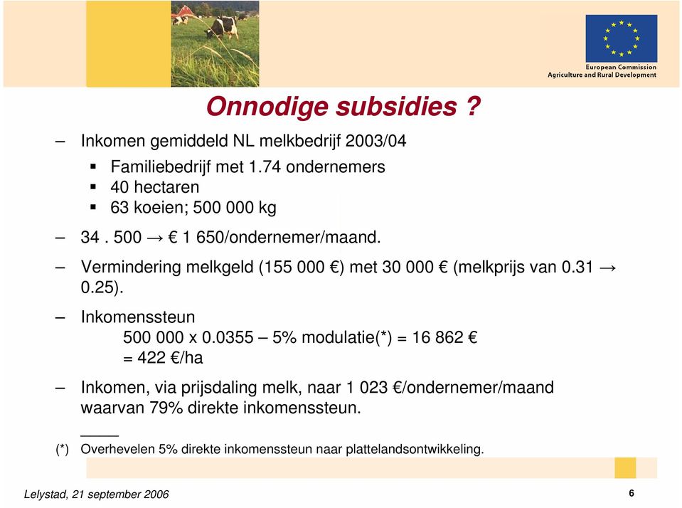 Vermindering melkgeld (155 000 ) met 30 000 (melkprijs van 0.31 0.25). Inkomenssteun 500 000 x 0.