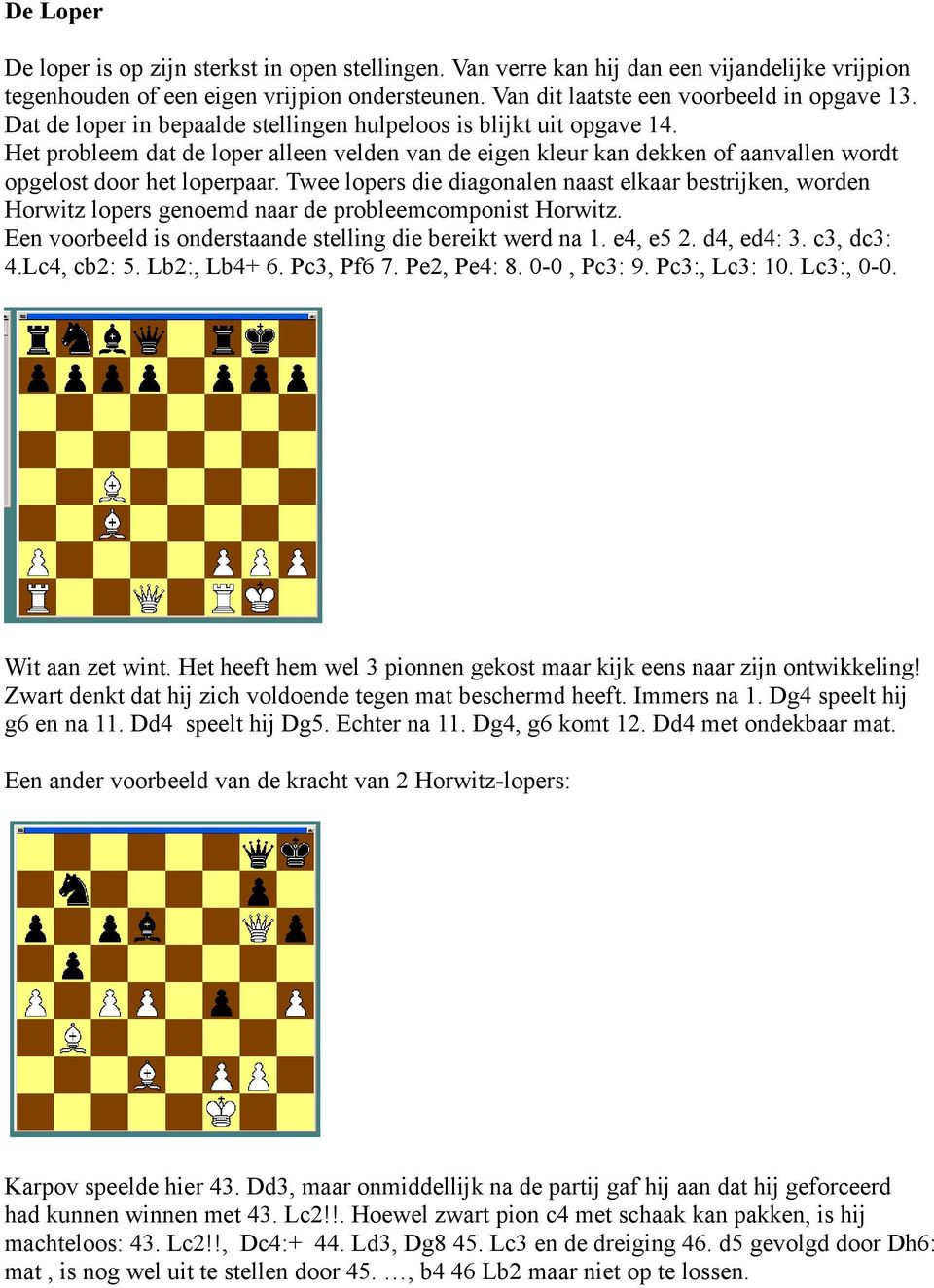 Twee lopers die diagonalen naast elkaar bestrijken, worden Horwitz lopers genoemd naar de probleemcomponist Horwitz. Een voorbeeld is onderstaande stelling die bereikt werd na 1. e4, e5 2. d4, ed4: 3.