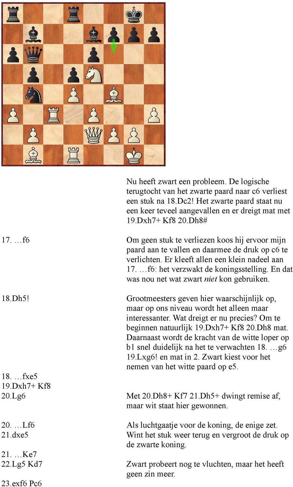 f6: het verzwakt de koningsstelling. En dat was nou net wat zwart niet kon gebruiken. 18.Dh5! Grootmeesters geven hier waarschijnlijk op, maar op ons niveau wordt het alleen maar interessanter.