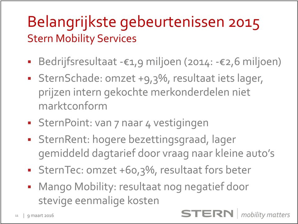 SternPoint: van 7 naar 4 vestigingen SternRent: hogere bezettingsgraad, lager gemiddeld dagtarief door vraag naar