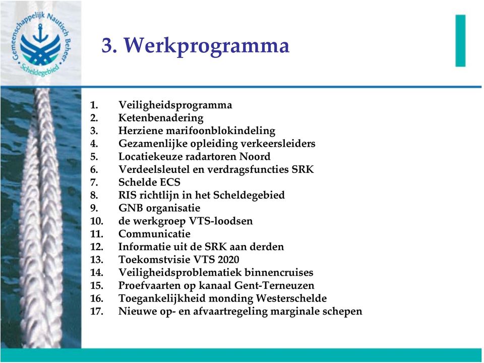 GNB organisatie 10. de werkgroep VTS loodsen 11. Communicatie 12. Informatie uit de SRK aan derden 13. Toekomstvisie VTS 2020 14.