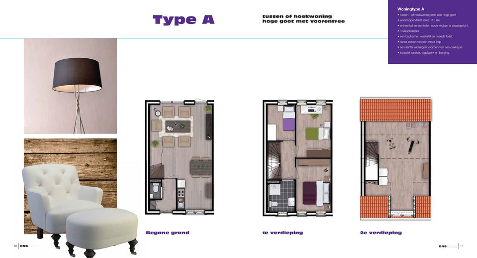 3 slaapkamers een badkamer, wastafel en tweede toilet.