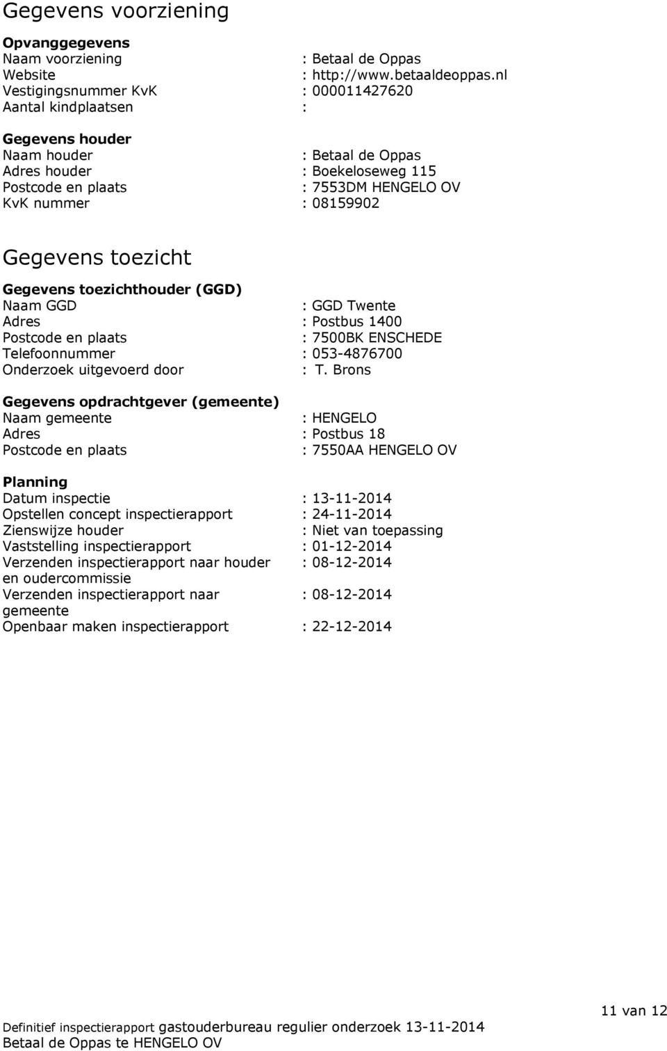 Gegevens toezicht Gegevens toezichthouder (GGD) Naam GGD : GGD Twente Adres : Postbus 1400 Postcode en plaats : 7500BK ENSCHEDE Telefoonnummer : 053-4876700 Onderzoek uitgevoerd door : T.