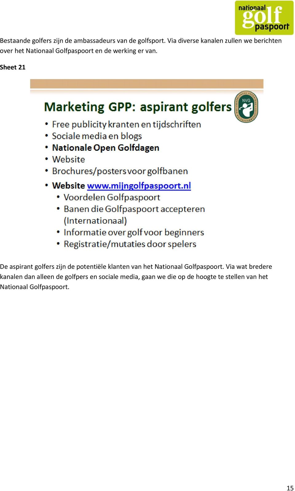 Sheet 21 De aspirant golfers zijn de potentiële klanten van het Nationaal Golfpaspoort.