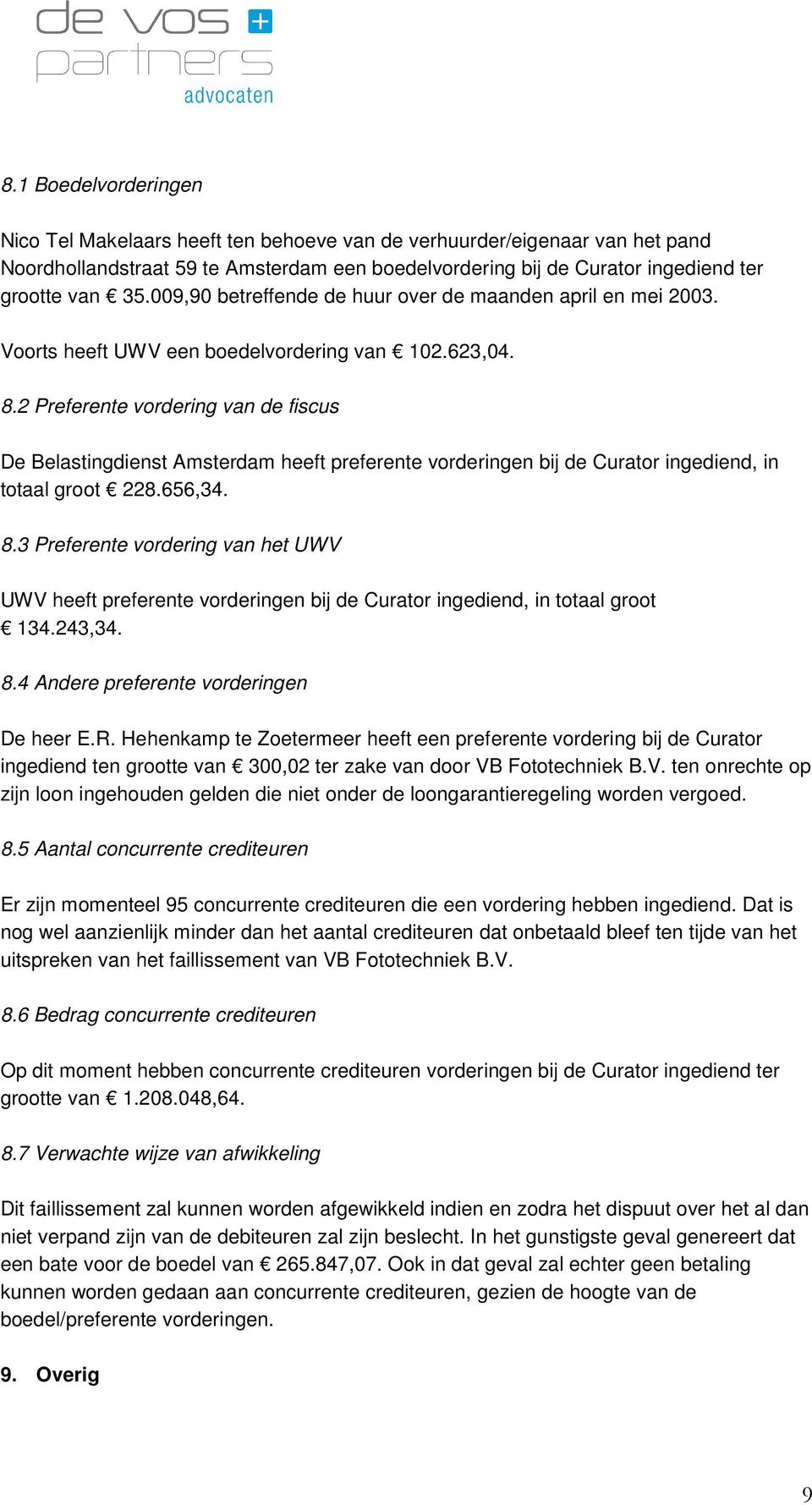 2 Preferente vordering van de fiscus De Belastingdienst Amsterdam heeft preferente vorderingen bij de Curator ingediend, in totaal groot 228.656,34. 8.