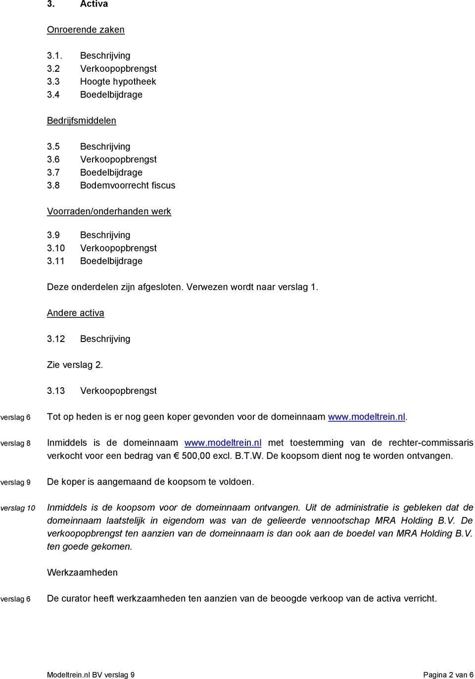 modeltrein.nl. verslag 8 Inmiddels is de domeinnaam www.modeltrein.nl met toestemming van de rechter-commissaris verkocht voor een bedrag van 500,00 excl. B.T.W.