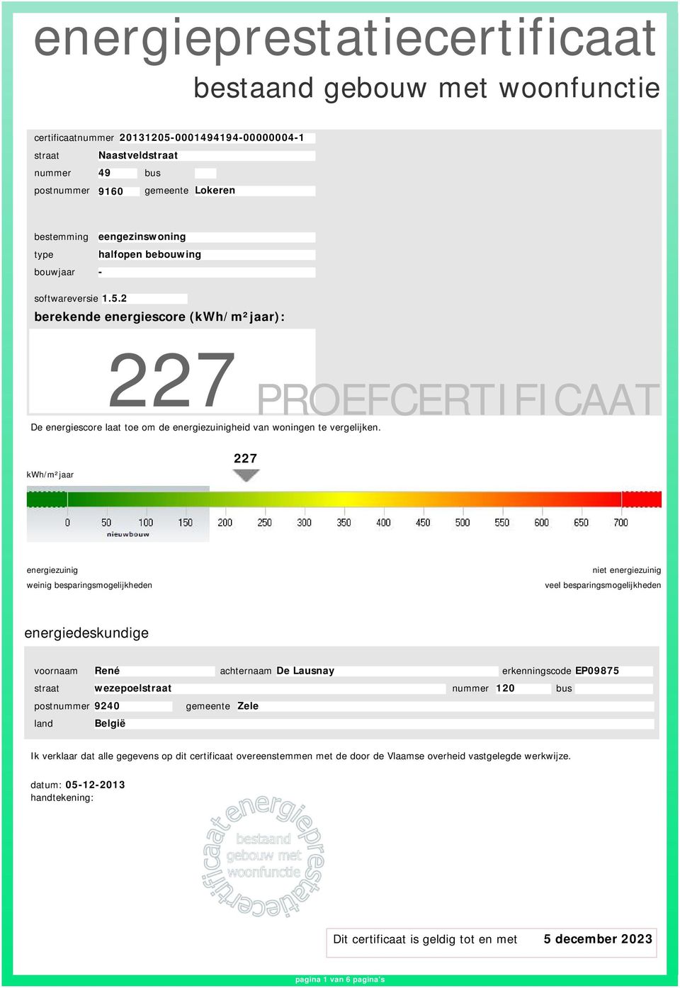 kwh/m²jaar 227 energiezuinig weinig besparingsmogelijkheden niet energiezuinig veel besparingsmogelijkheden energiedeskundige voornaam René achternaam De Lausnay erkenningscode EP09875 wezepoel