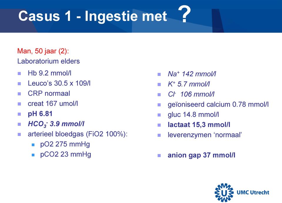 9 mmol/l arterieel bloedgas (FiO2 100%): po2 275 mmhg pco2 23 mmhg Na + 142 mmol/l K + 5.