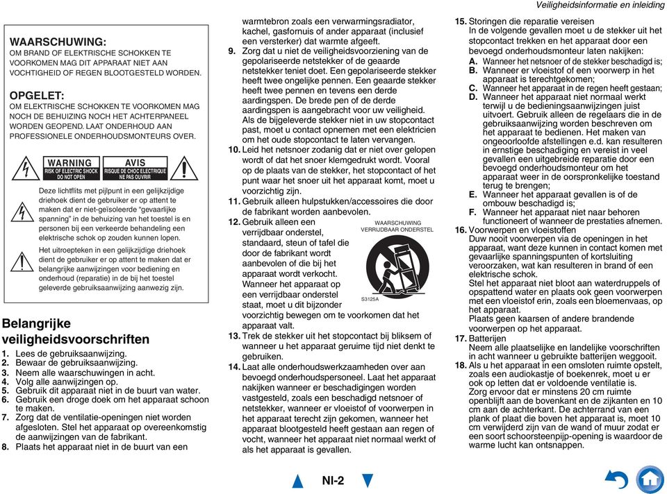 WARNING RISK OF ELECTRIC SHOCK DO NOT OPEN A VIS RISQUE DE CHOC ELECTRIQUE NE PAS OUVRIR Deze lichtflits met pijlpunt in een gelijkzijdige driehoek dient de gebruiker er op attent te maken dat er