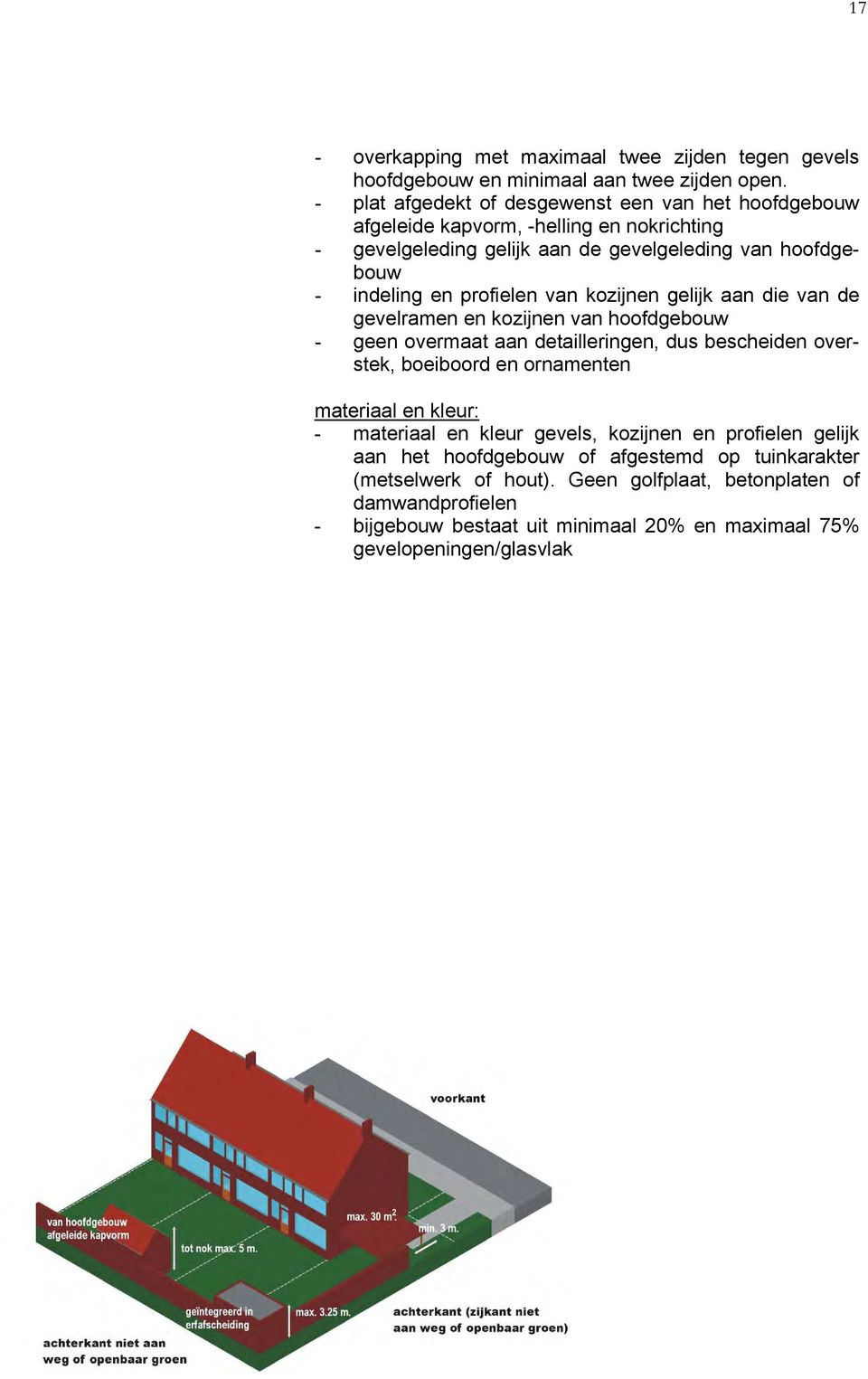 profielen van kozijnen gelijk aan die van de gevelramen en kozijnen van hoofdgebouw - geen overmaat aan detailleringen, dus bescheiden overstek, boeiboord en ornamenten materiaal