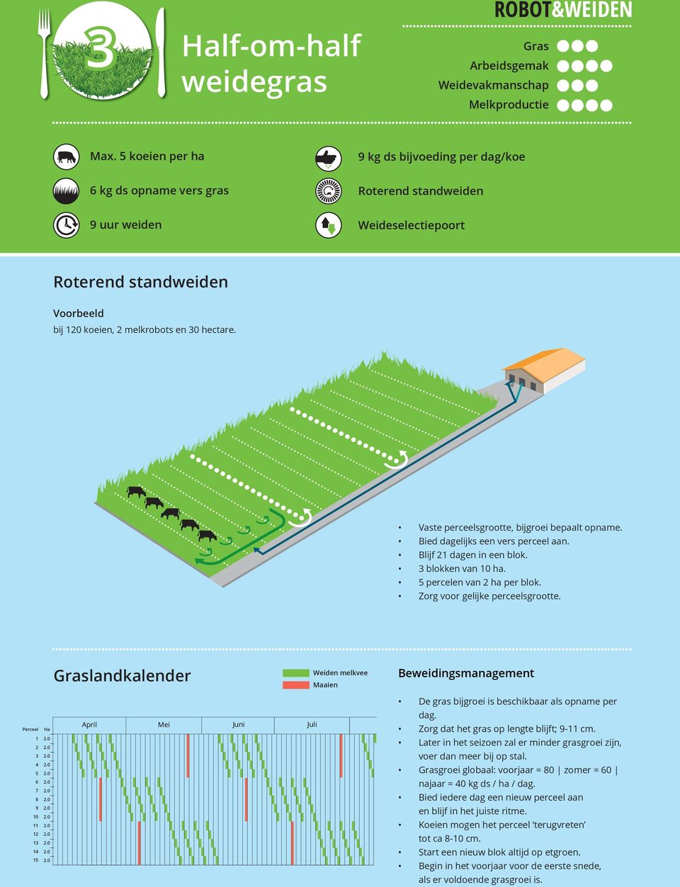 Vaste perceelsgrootte, bijgroei bepaalt opname. Bied dagelijks een vers perceel aan. Blijf 21 dagen in een blok. 3 blokken van 10 ha. 5 percelen van 2 ha per blok. Zorg voor gelijke perceelsgrootte.