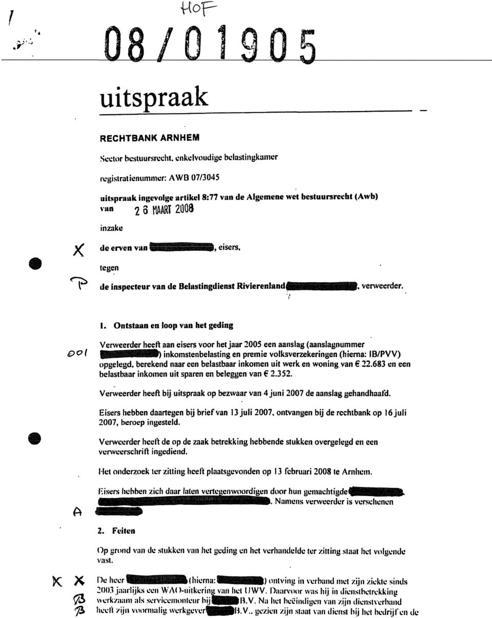 Ontstaan en loop van het geding O OI Verweerder heeft aan eisers voor het jaar 2005 een aanslag (aanslagnummer fftirijjittwiflll^t inkomstenbelasting en premie volksverzekeringen (hierna: IB/PVV)