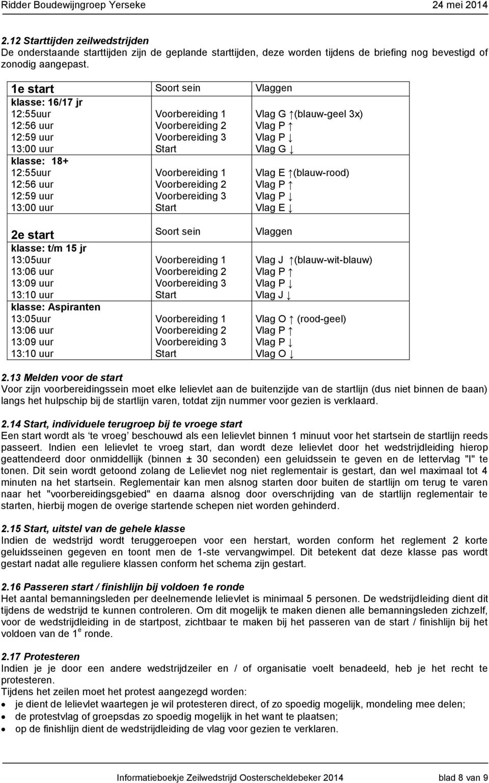 Voorbereiding 1 Voorbereiding 2 Voorbereiding 3 Start 2e start Soort sein Vlaggen klasse: t/m 15 jr 13:05uur 13:06 uur 13:09 uur 13:10 uur klasse: Aspiranten 13:05uur 13:06 uur 13:09 uur 13:10 uur