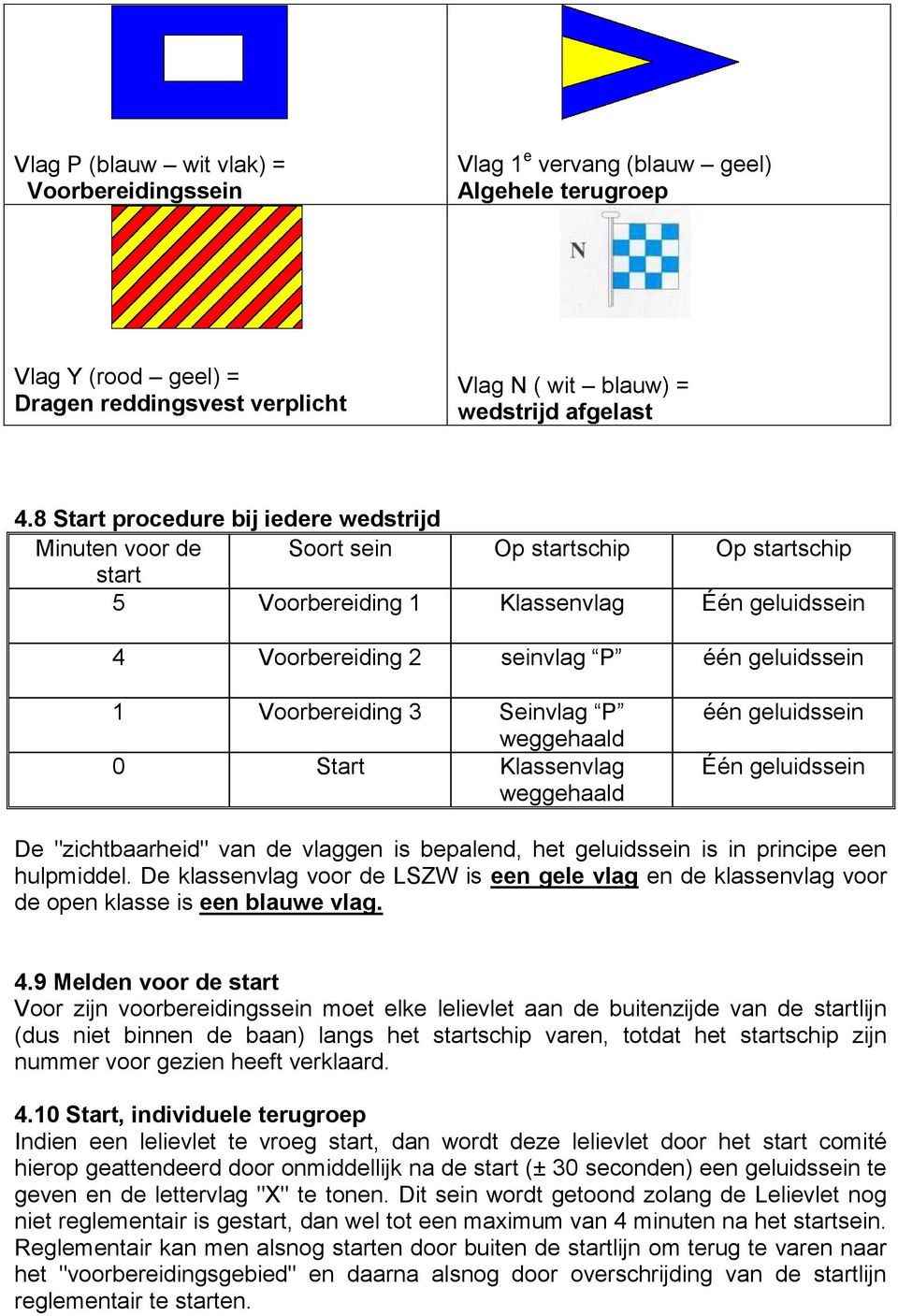 Voorbereiding 3 Seinvlag P weggehaald 0 Start Klassenvlag weggehaald één geluidssein Één geluidssein De "zichtbaarheid" van de vlaggen is bepalend, het geluidssein is in principe een hulpmiddel.