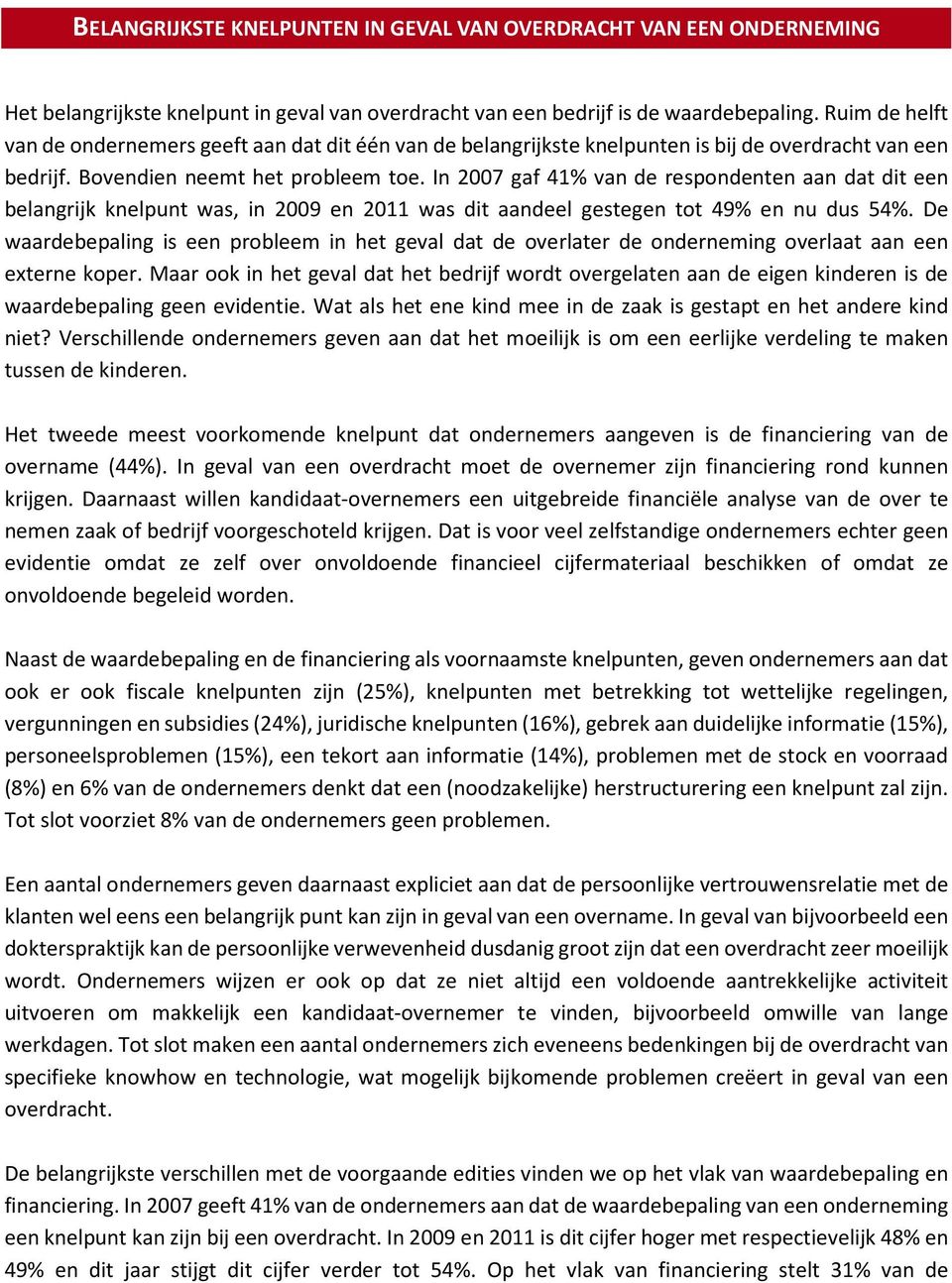 In 2007 gaf 41% van de respondenten aan dat dit een belangrijk knelpunt was, in 2009 en 2011 was dit aandeel gestegen tot 49% en nu dus 54%.