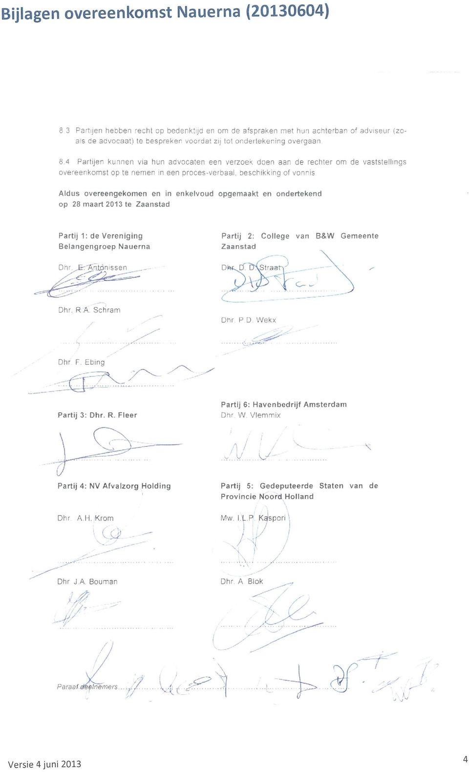 opgemaakt en ondertekend op 28 maart 2013 te Zaanstad Partij 1: de Vereniging Belangengroep Nauerna Partij 2: College van B&W Gemeente Zaanstad Dhr. E-7 -Aradnissen Dhr. R A.
