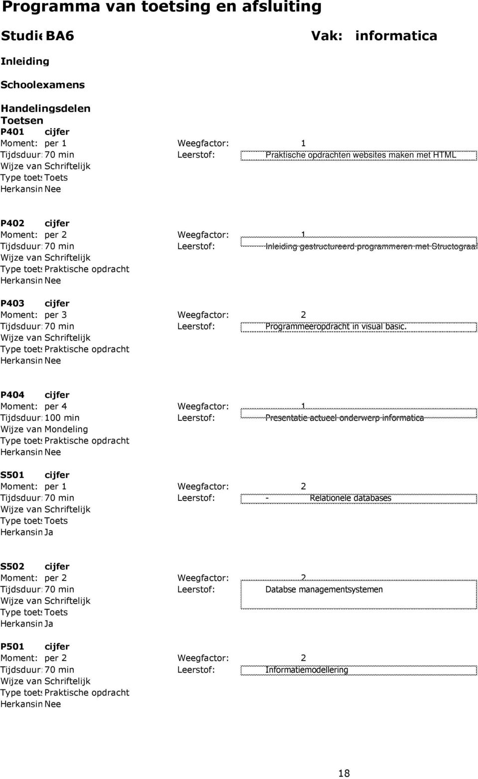 P404 cijfer Tijdsduur:100 min Leerstof: Presentatie actueel onderwerp informatica Wijze van Mondeling Moment: per 1 Weegfactor: 2 Tijdsduur:70 min Leerstof: - Relationele databases