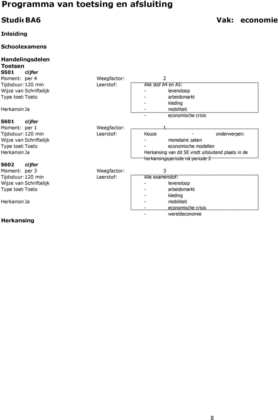 zaken - economische modellen van dit SE vindt uitsluitend plaats in de herkansingsperiode ná periode 2 Moment: per 3 Weegfactor: 3