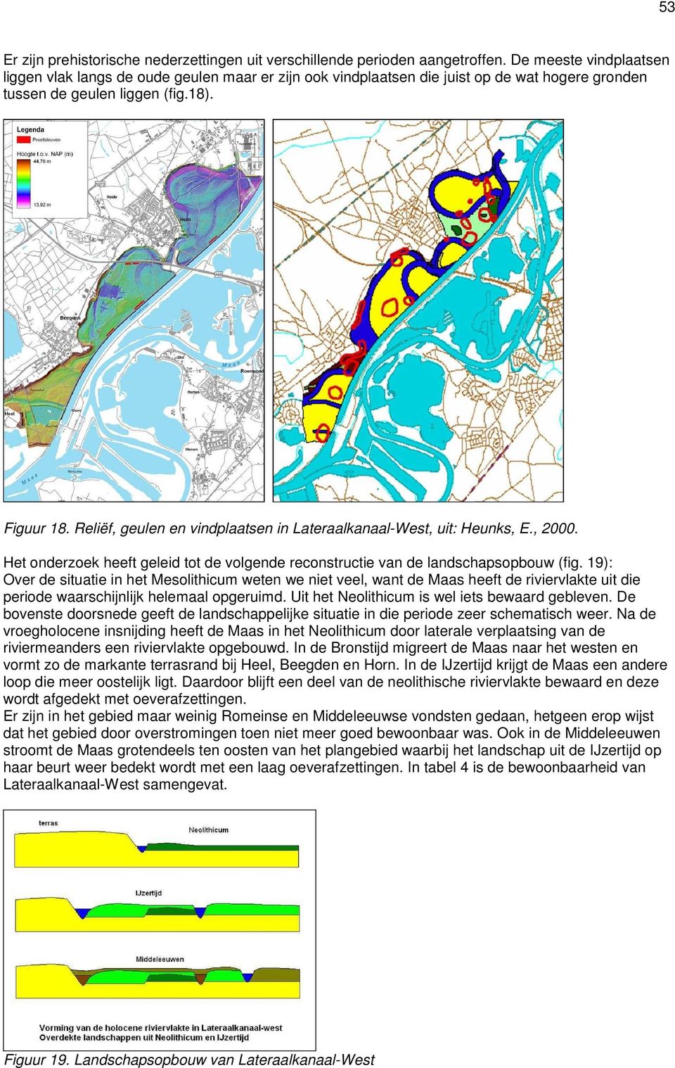 Reliëf, geulen en vindplaatsen in Lateraalkanaal-West, uit: Heunks, E., 2000. Het onderzoek heeft geleid tot de volgende reconstructie van de landschapsopbouw (fig.