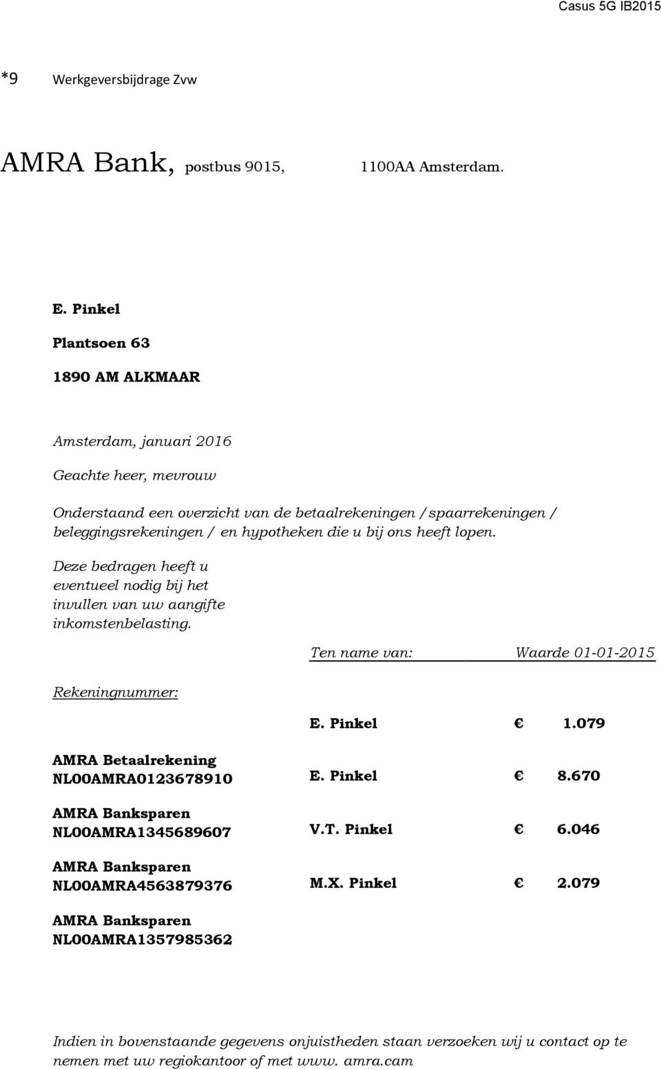 u bij ons heeft lopen. Deze bedragen heeft u eventueel nodig bij het invullen van uw aangifte inkomstenbelasting. Ten name van: Waarde 01-01-2015 Rekeningnummer: E. Pinkel 1.