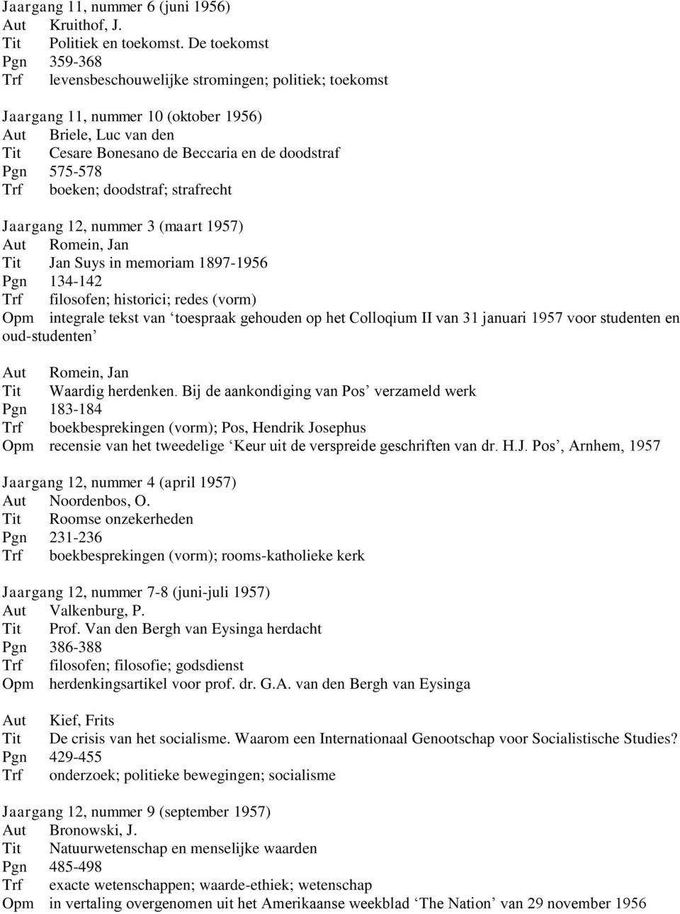 575-578 Trf boeken; doodstraf; strafrecht Jaargang 12, nummer 3 (maart 1957) Aut Romein, Jan Tit Jan Suys in memoriam 1897-1956 Pgn 134-142 Trf filosofen; historici; redes (vorm) Opm integrale tekst