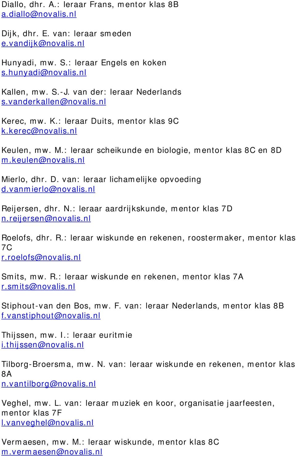 keulen@novalis.nl Mierlo, dhr. D. van: leraar lichamelijke opvoeding d.vanmierlo@novalis.nl Reijersen, dhr. N.: leraar aardrijkskunde, mentor klas 7D n.reijersen@novalis.nl Roelofs, dhr. R.: leraar wiskunde en rekenen, roostermaker, mentor klas 7C r.