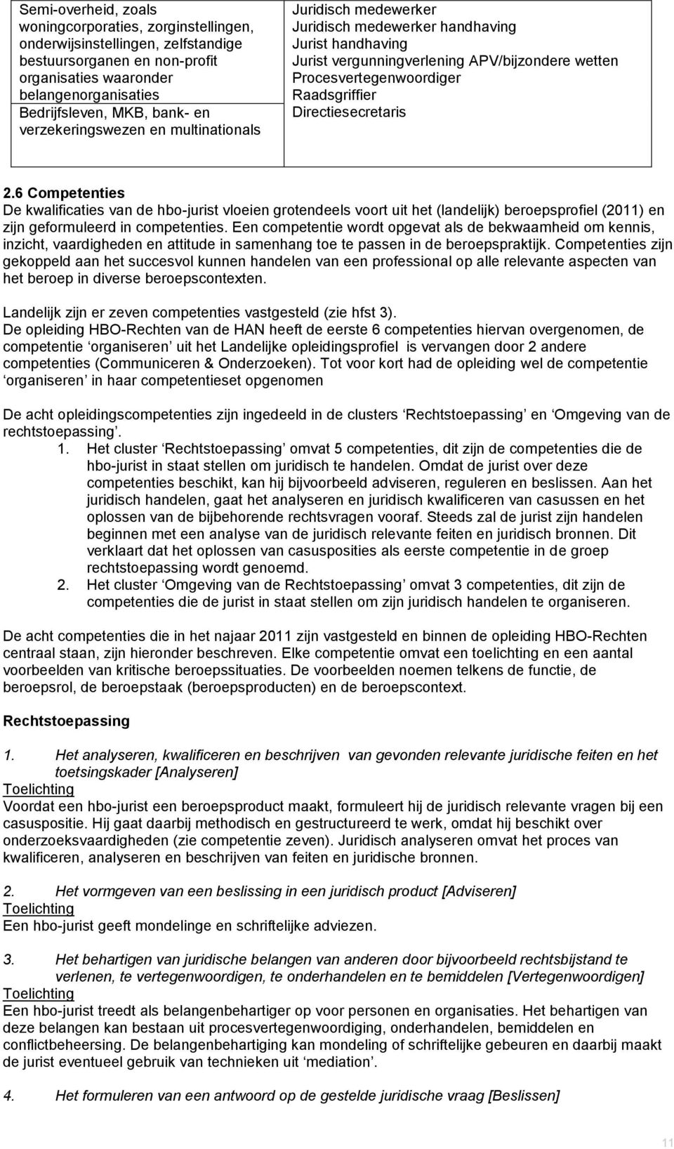 Directiesecretaris 2.6 Competenties De kwalificaties van de hbo-jurist vloeien grotendeels voort uit het (landelijk) beroepsprofiel (2011) en zijn geformuleerd in competenties.