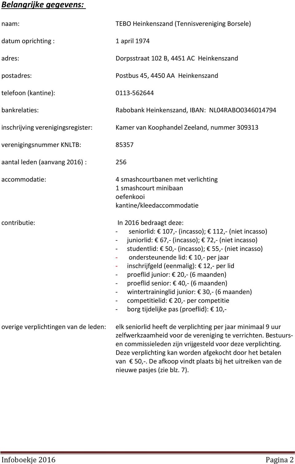 85357 aantal leden (aanvang 2016) : 256 accommodatie: contributie: overige verplichtingen van de leden: 4 smashcourtbanen met verlichting 1 smashcourt minibaan oefenkooi kantine/kleedaccommodatie In