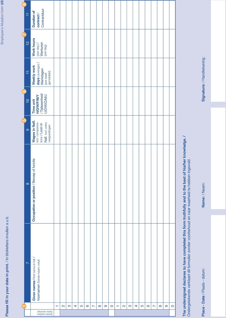 extra vergoedingen Time unit H/D/W/F/M/Y / Tijdseenheid U/D/W/Q/M/J Weekly work days (average) / Werkdagen (per week gemiddeld) Work hours (per day) / Werkuren (per dag) Duration of