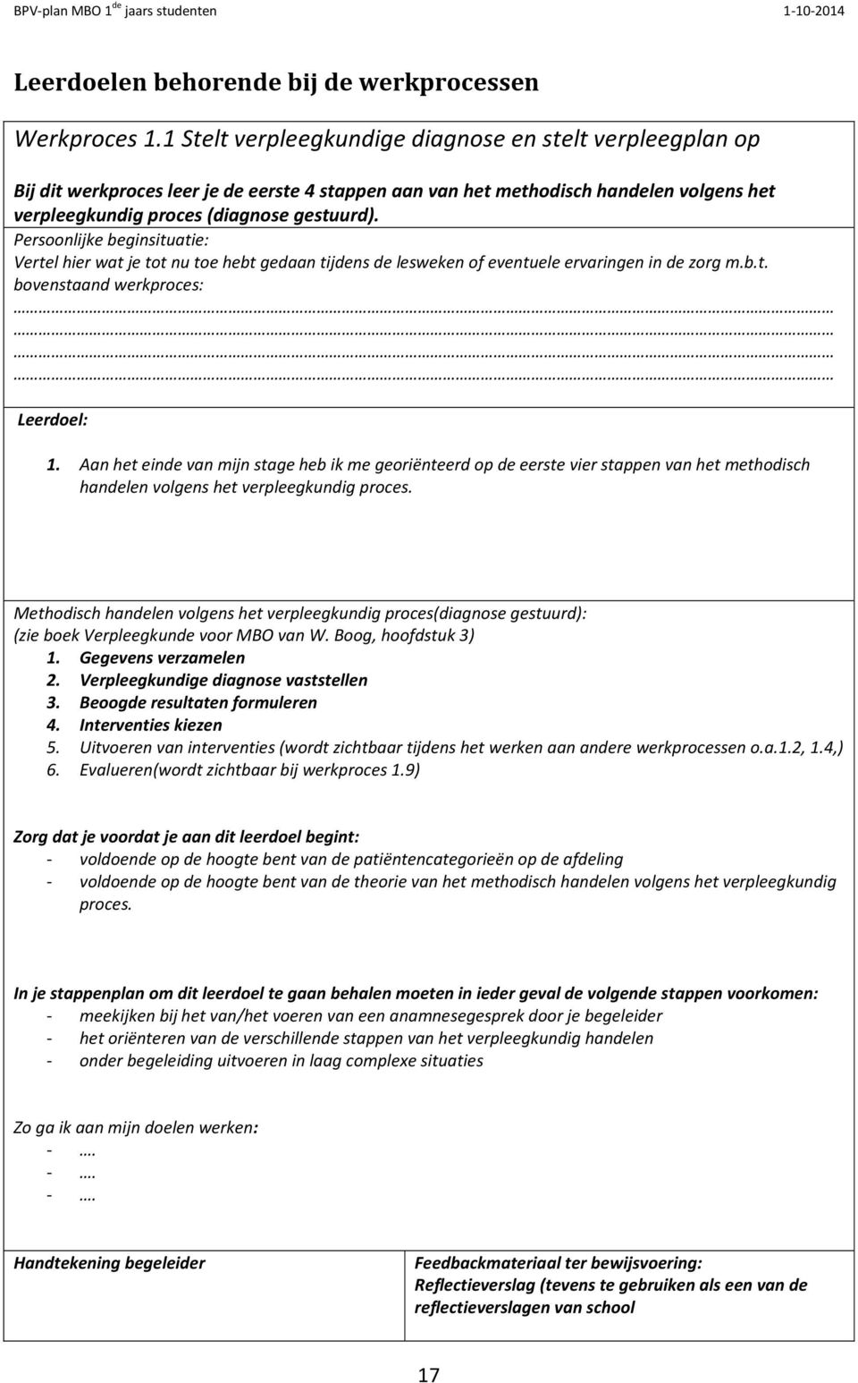 Persoonlijke beginsituatie: Vertel hier wat je tot nu toe hebt gedaan tijdens de lesweken of eventuele ervaringen in de zorg m.b.t. bovenstaand werkproces: Leerdoel: 1.