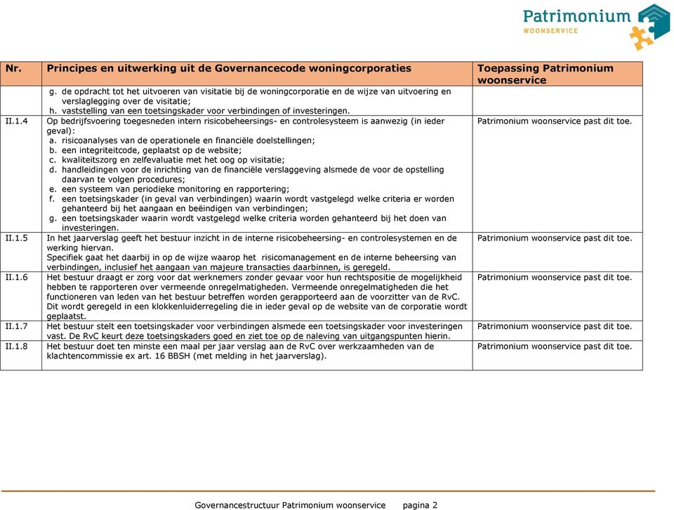 vaststelling van een toetsingskader voor verbindingen of investeringen. Op bedrijfsvoering toegesneden intern risicobeheersings- en controlesysteem is aanwezig (in ieder geval): a.