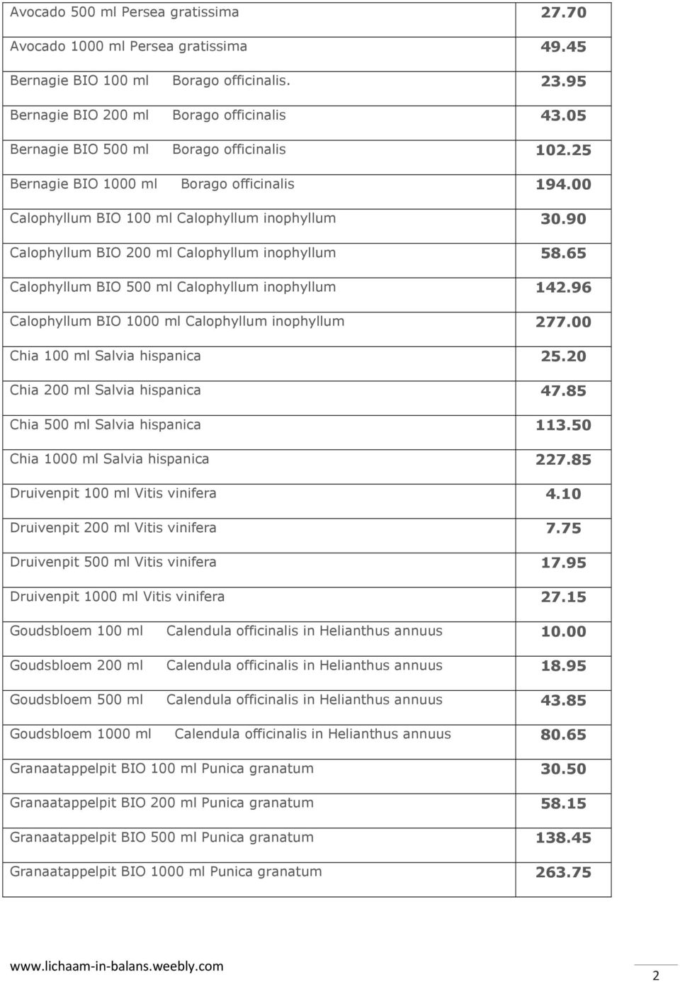 65 Calophyllum BIO 500 ml Calophyllum inophyllum 142.96 Calophyllum BIO 1000 ml Calophyllum inophyllum 277.00 Chia 100 ml Salvia hispanica 25.20 Chia 200 ml Salvia hispanica 47.