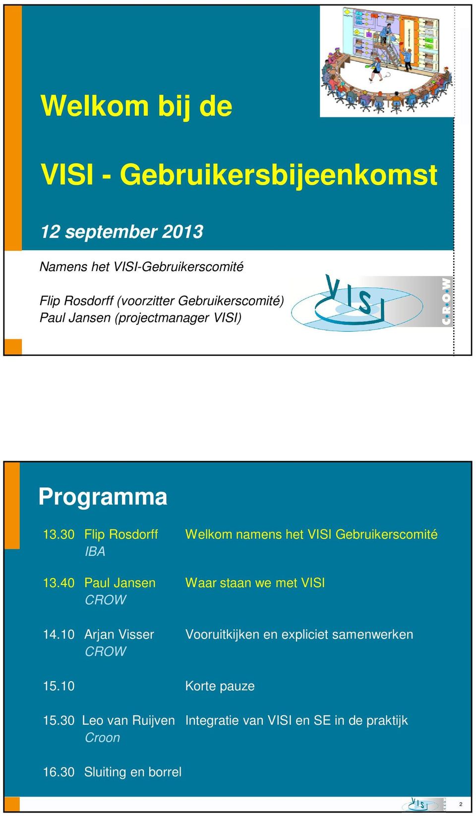 30 Flip Rosdorff Welkom namens het VISI Gebruikerscomité IBA 13.40 Paul Jansen Waar staan we met VISI CROW 14.