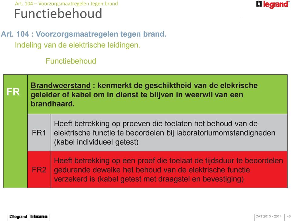 FR1 FR2 Heeft betrekking op proeven die toelaten het behoud van de elektrische functie te beoordelen bij laboratoriumomstandigheden (kabel individueel