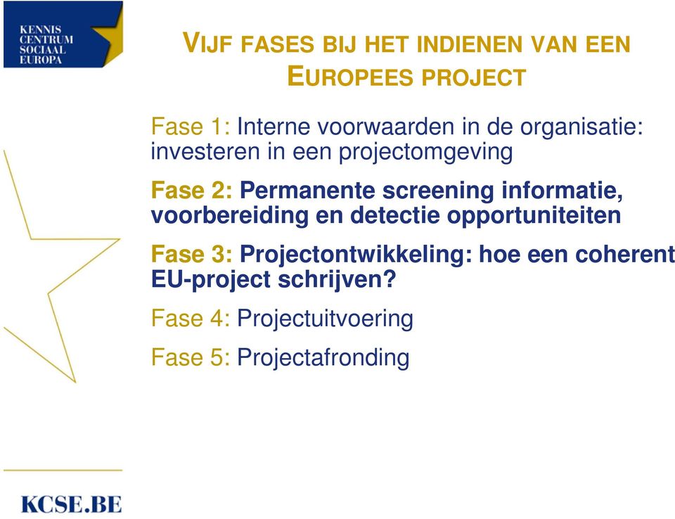 informatie, voorbereiding en detectie opportuniteiten Fase 3: Projectontwikkeling: