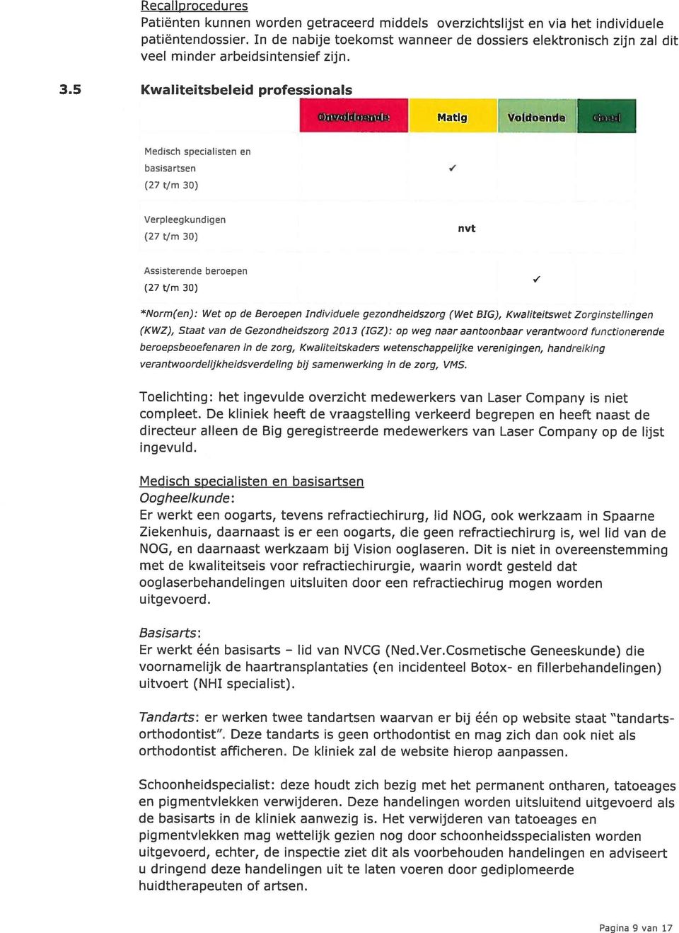 5 Kwaliteitsbeleid professionals ()i1v)l l)iii Ii Matig Voldoende Medisch speciahsten en basisartsen (27 t/m 30) Verpleegkundigen (27 t/m 30) nvt Assisterende beroepen (27 t/m 30) *Norm(en): Wet op