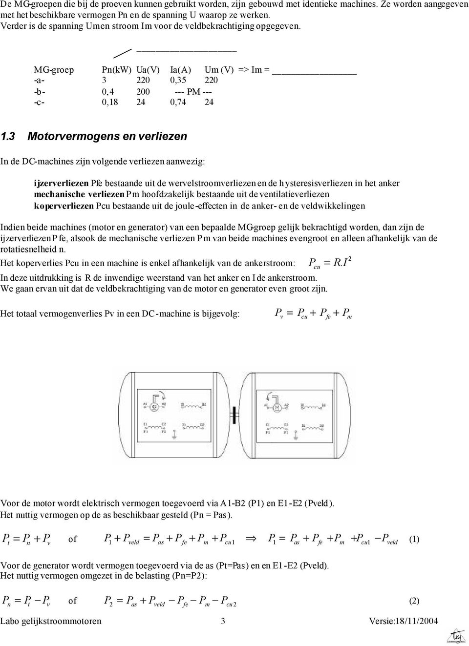 3 Motorvermogens en verliezen In de DC-machines zijn volgende verliezen aanwezig: ijzerverliezen Pfe bestaande uit de wervelstroomverliezen en de h ysteresisverliezen in het anker mechanische