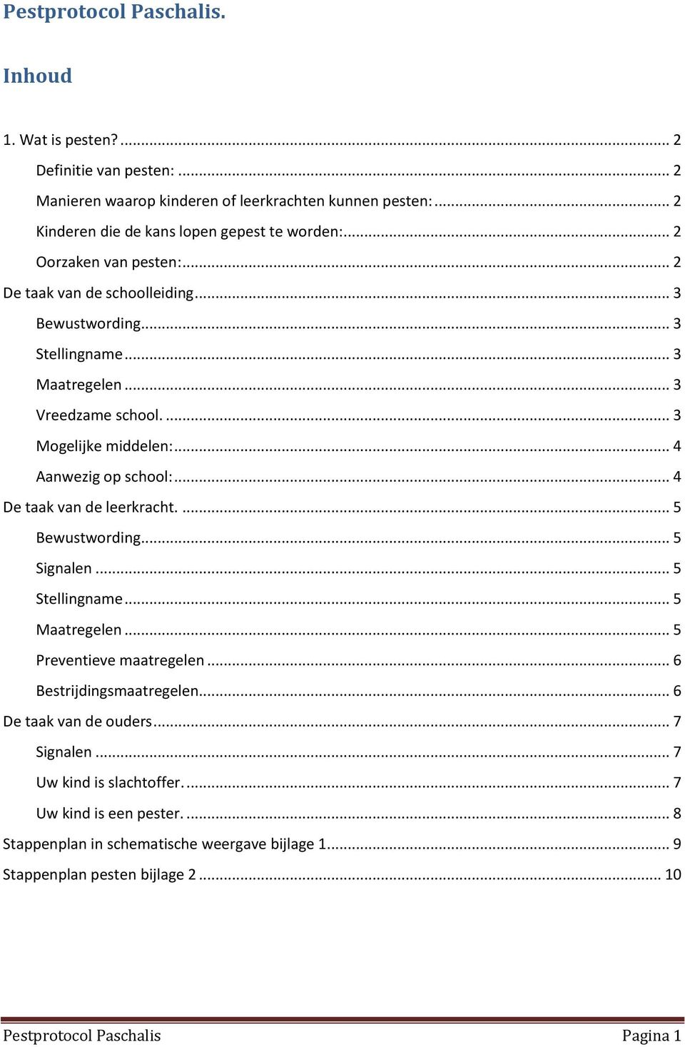 .. 4 De taak van de leerkracht.... 5 Bewustwording... 5 Signalen... 5 Stellingname... 5 Maatregelen... 5 Preventieve maatregelen... 6 Bestrijdingsmaatregelen... 6 De taak van de ouders.