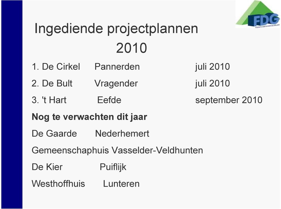 't Hart Eefde september 2010 Nog te verwachten dit jaar De