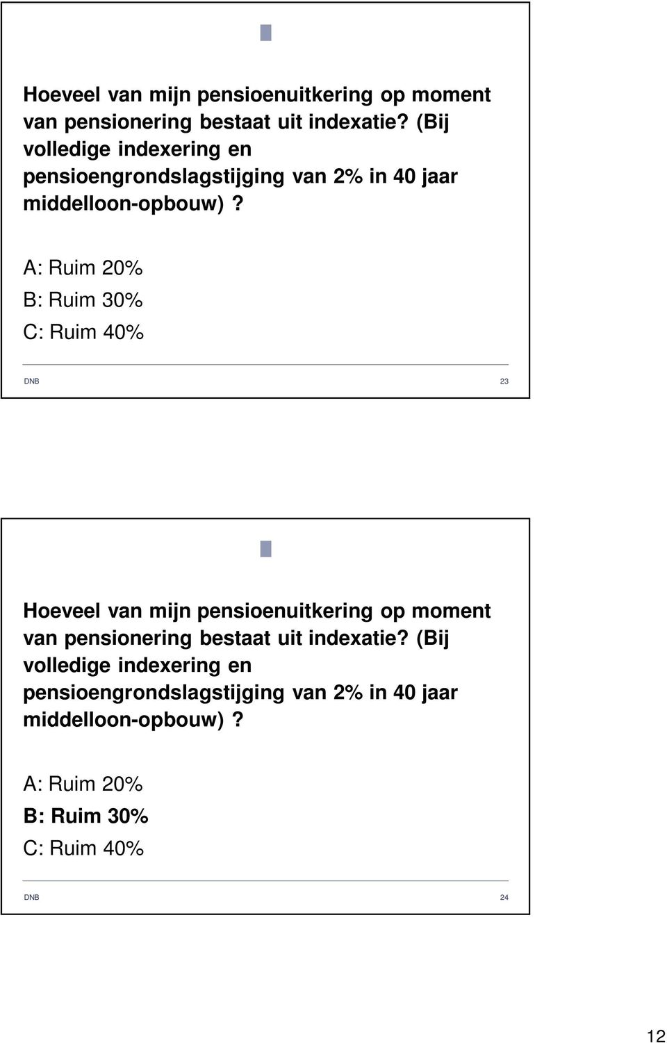 A: Ruim 20% B: Ruim 30% C: Ruim 40% 23 Antwoord 9 Hoeveel van mijn pensioenuitkering op moment van pensionering