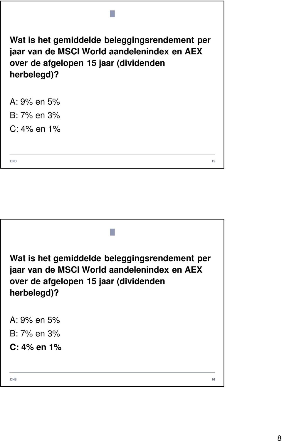 A: 9% en 5% B: 7% en 3% C: 4% en 1% 15 Antwoord 5 Wat is het gemiddelde beleggingsrendement